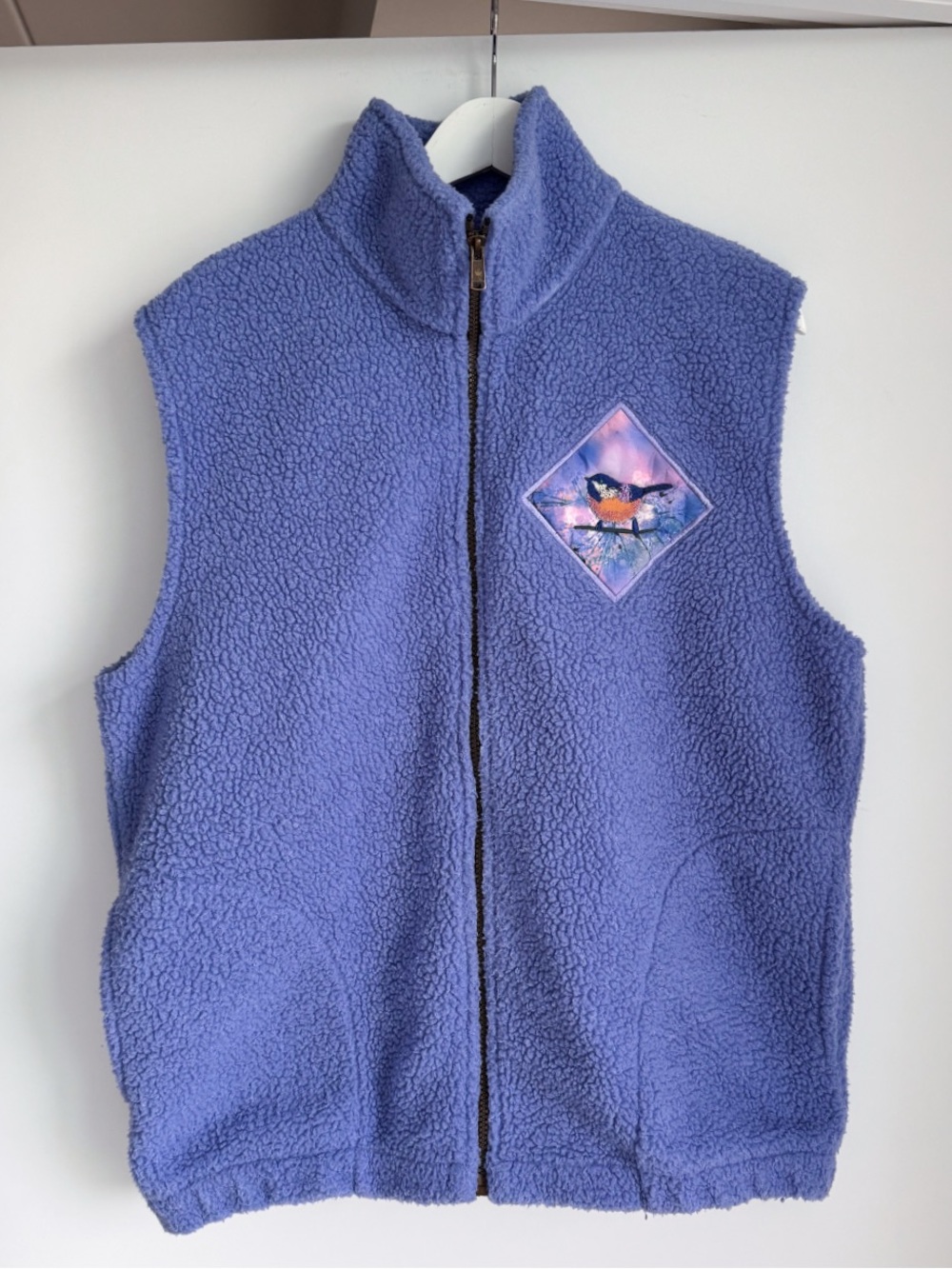 Vtg Jackye Mills Fleece Vest M Blue Periwinkle Bird Graphic Wearable Art Canada - Picture 2 of 11